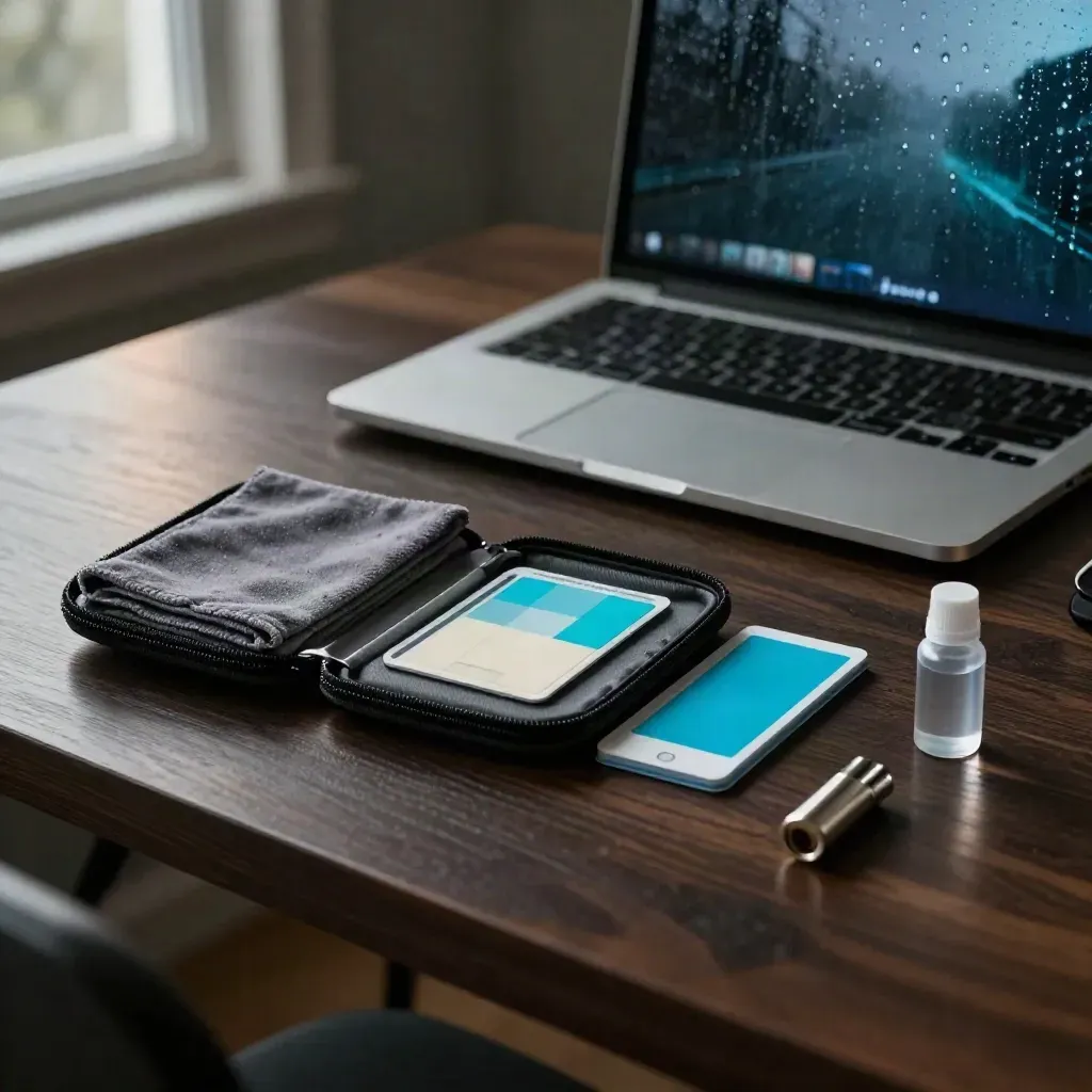 Open dead pixel test kit beside a laptop and monitor on a dark oak table in rain-lit workspace.