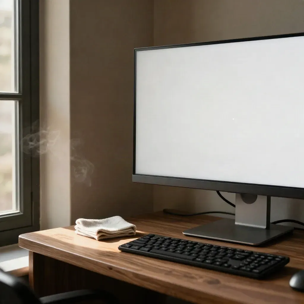 Side-view monitor on walnut console shows a white test screen with one bright pixel in a quiet room.