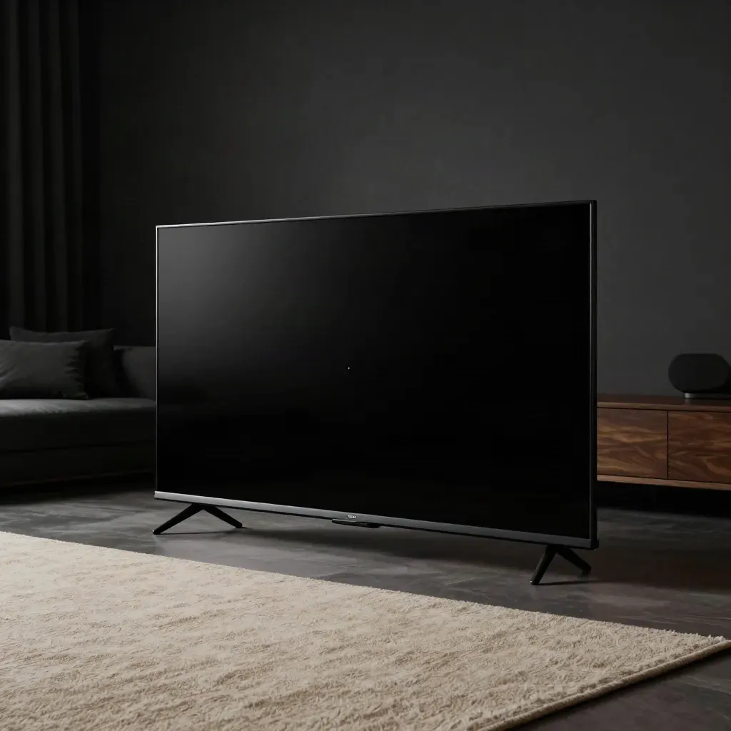 OLED TV in a dark living room with a near-black test field and one faint fault point