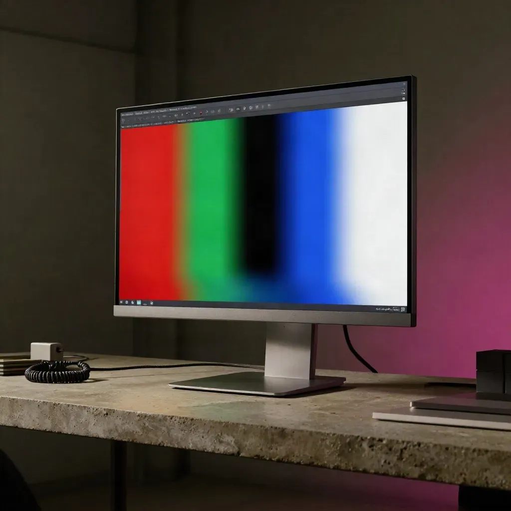 Monitor cycling red, green, blue, black and white test fields in a dark workspace.