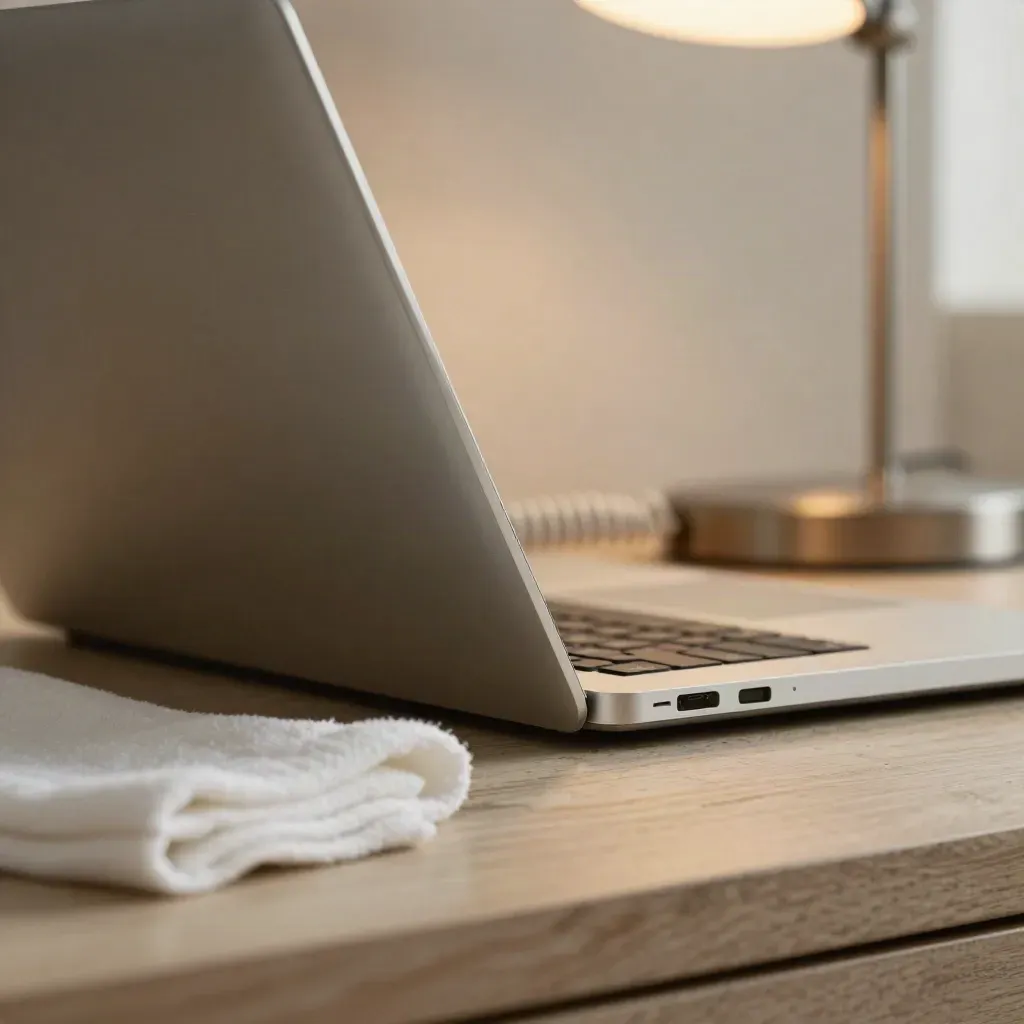 Close-up laptop corner scan with charger and folded cloth in warm window light.