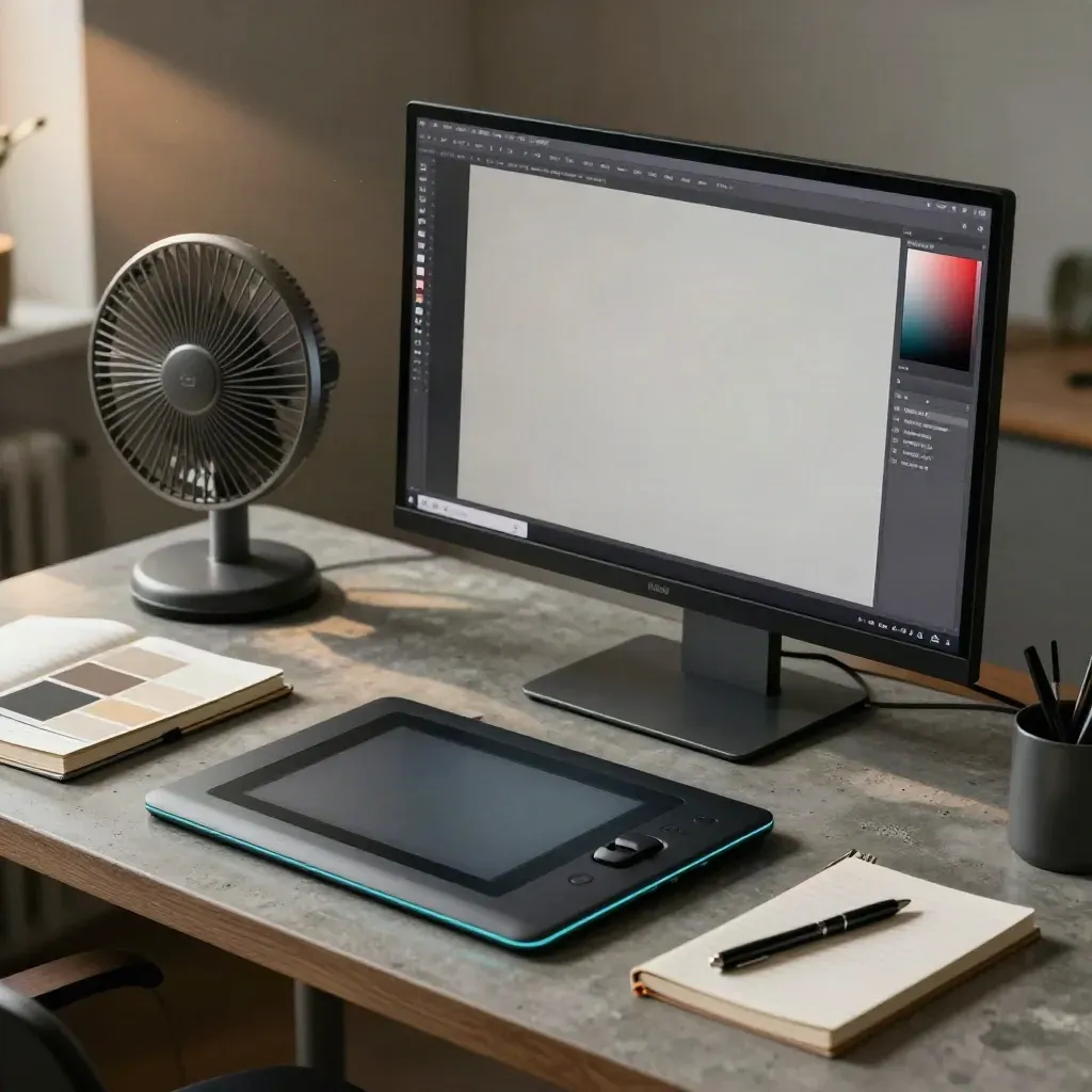 Designer monitor with tablet, color chips and notebook in calm studio daylight.