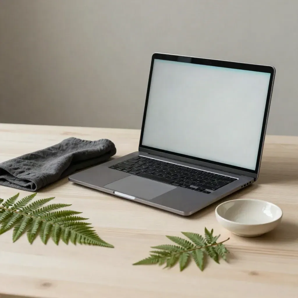 Top-down laptop still life with cloth, dish and fern leaf on pale wood.