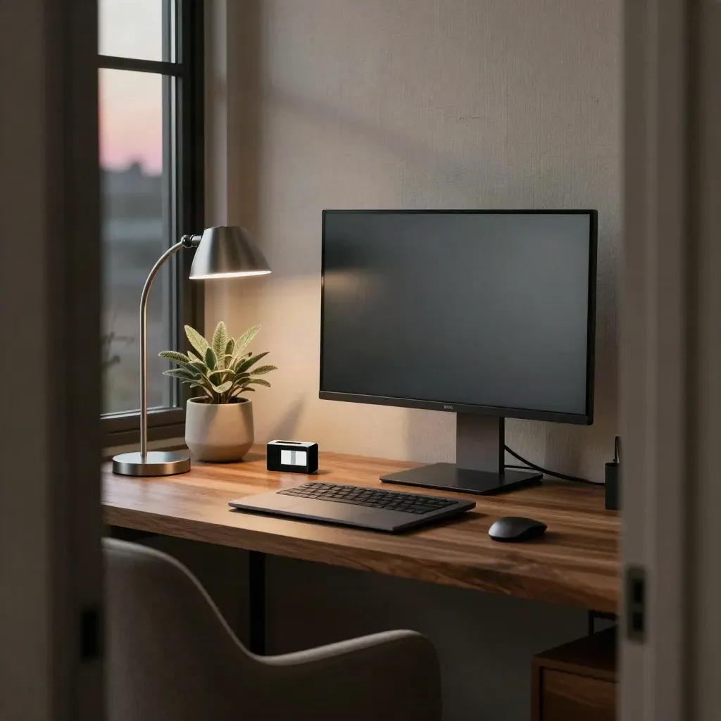 Low doorway view of a home office monitor, closed laptop, lamp, plant, and evening window haze.