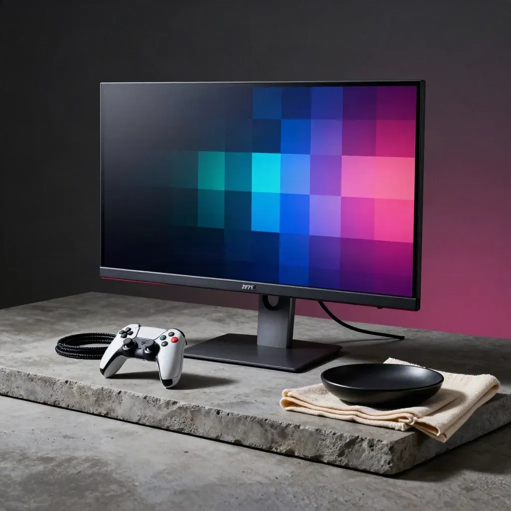 Gaming monitor with controller, cable loop and ceramic dish on a stone tray
