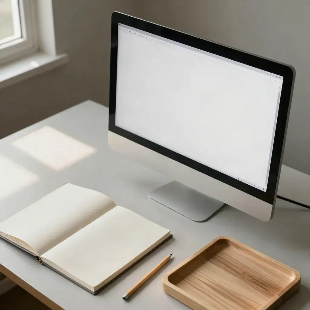 Overhead flatlay of a monitor, sketchbook, pencil and tray on a pale desk