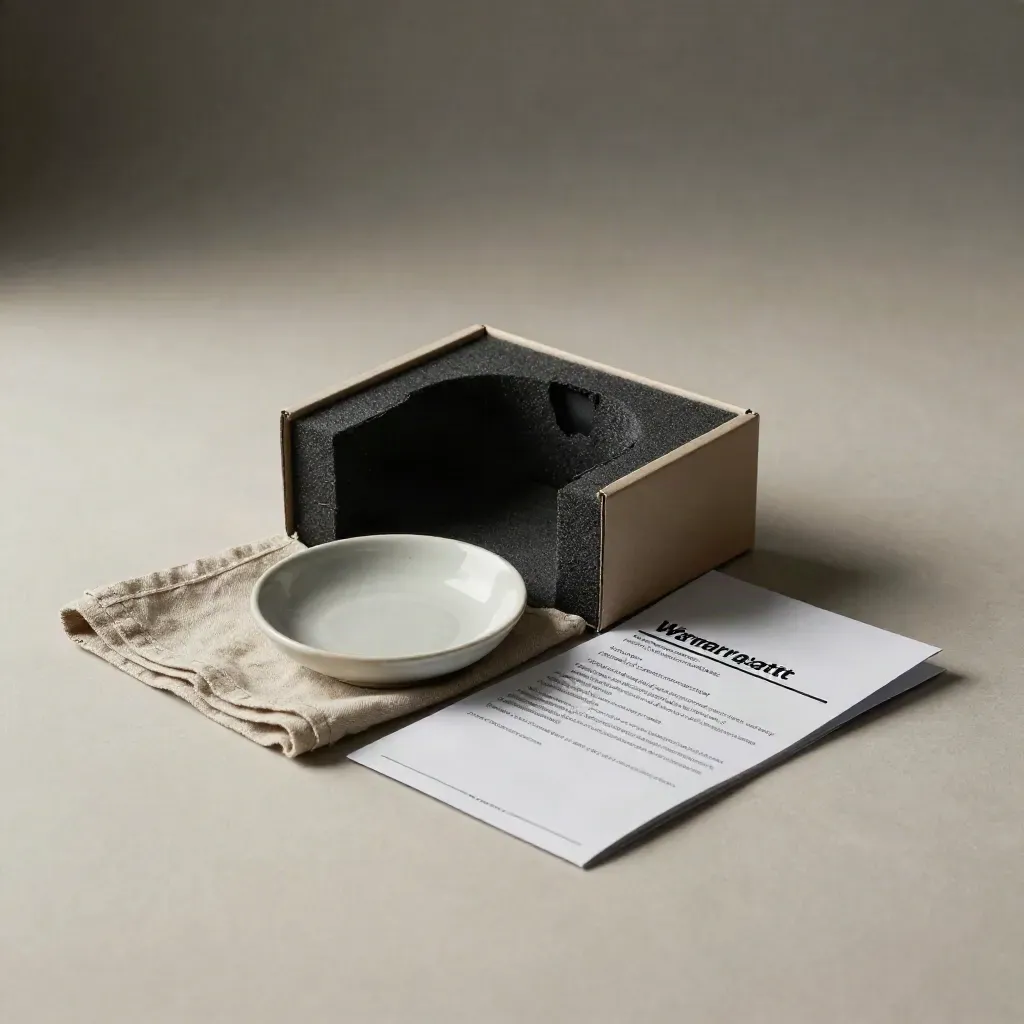 Overhead still life of a monitor box corner with warranty sleeve, cloth, and ceramic dish on plaster.