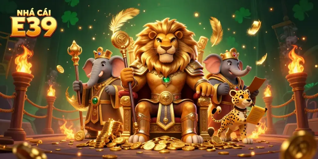 Experience the thrilling NHÀ CÁI E39 gaming atmosphere with fierce lion king, elephant advisor, and cheetah messenger.