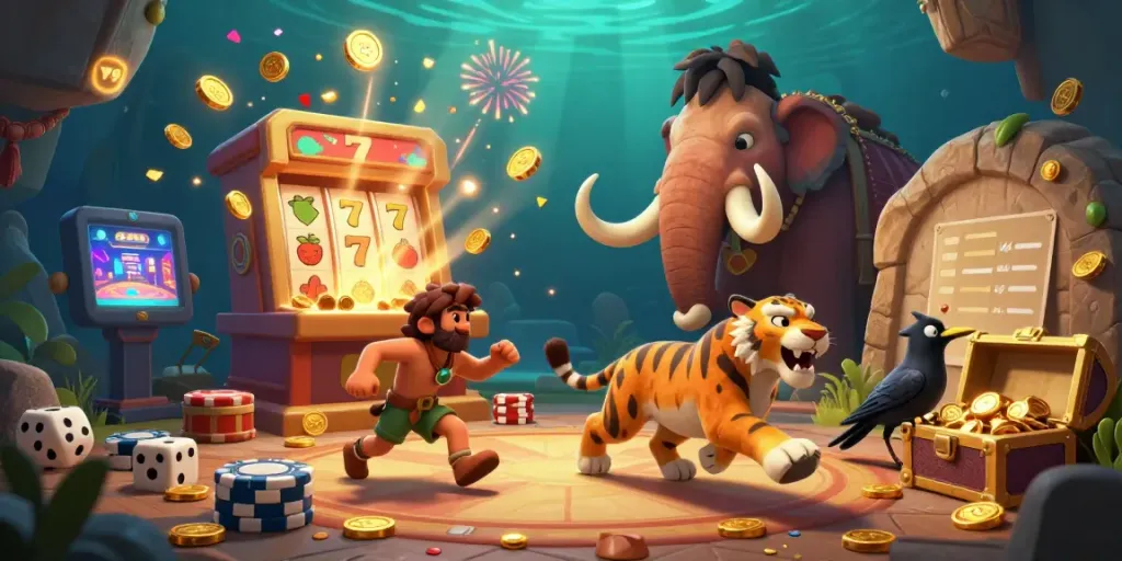 Experience V79 with a 3D rendering of a playful caveman and sabertooth tiger in a vibrant casino, surrounded by dynamic game elements.