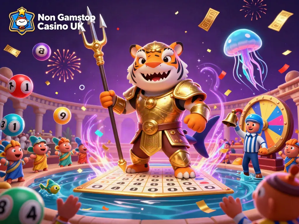 Engaging scene depicting Non Gamstop Casino UK with a fierce tiger shark, vibrant lottery balls, and festive energy effects.