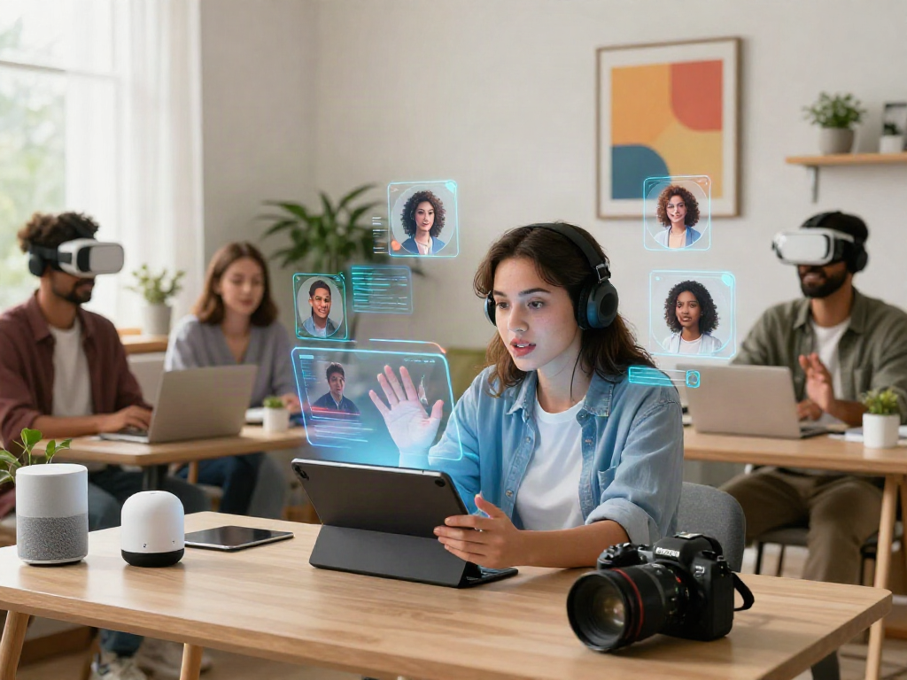 Engaging porn ai chat interaction in a futuristic digital space with avatars and tablets