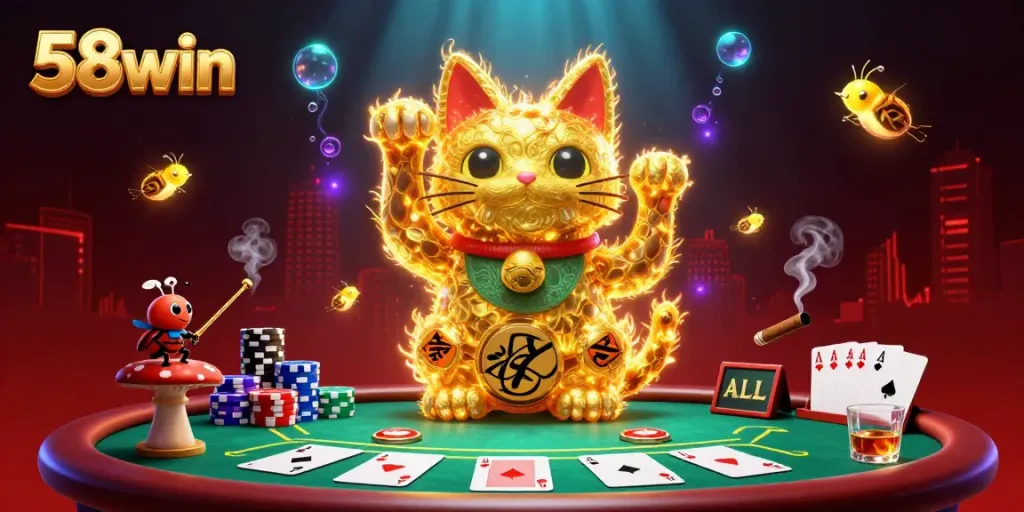 Experience vibrant casino energy with 58win's dynamic lucky cat illustration, showcasing exciting game elements.