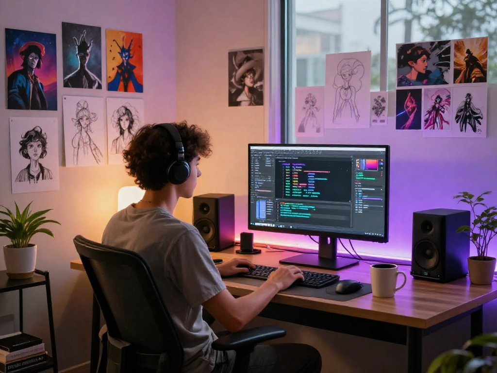 AI NSFW artist focused on creating innovative adult content in a modern digital studio.