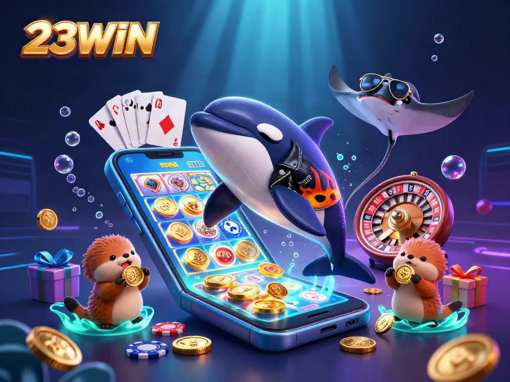 Bet on colorful slot games with 23WIN in a vibrant underwater gambling scene.