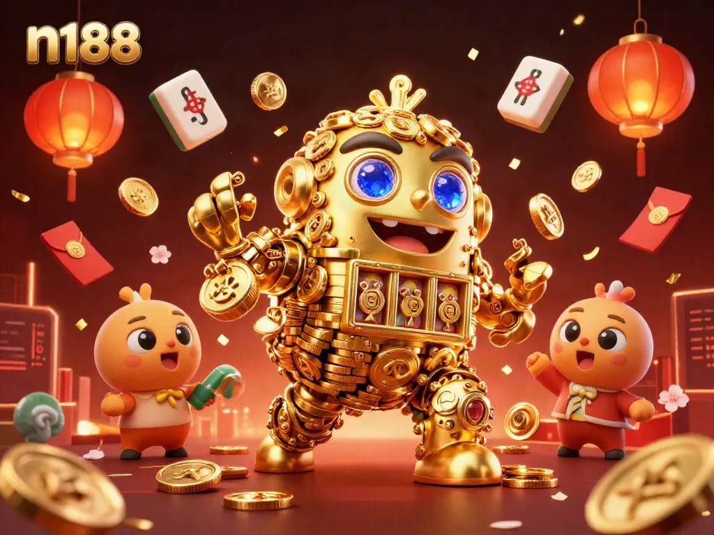 Experience the vibrant n188 online casino with 3D golden golem and festive elements
