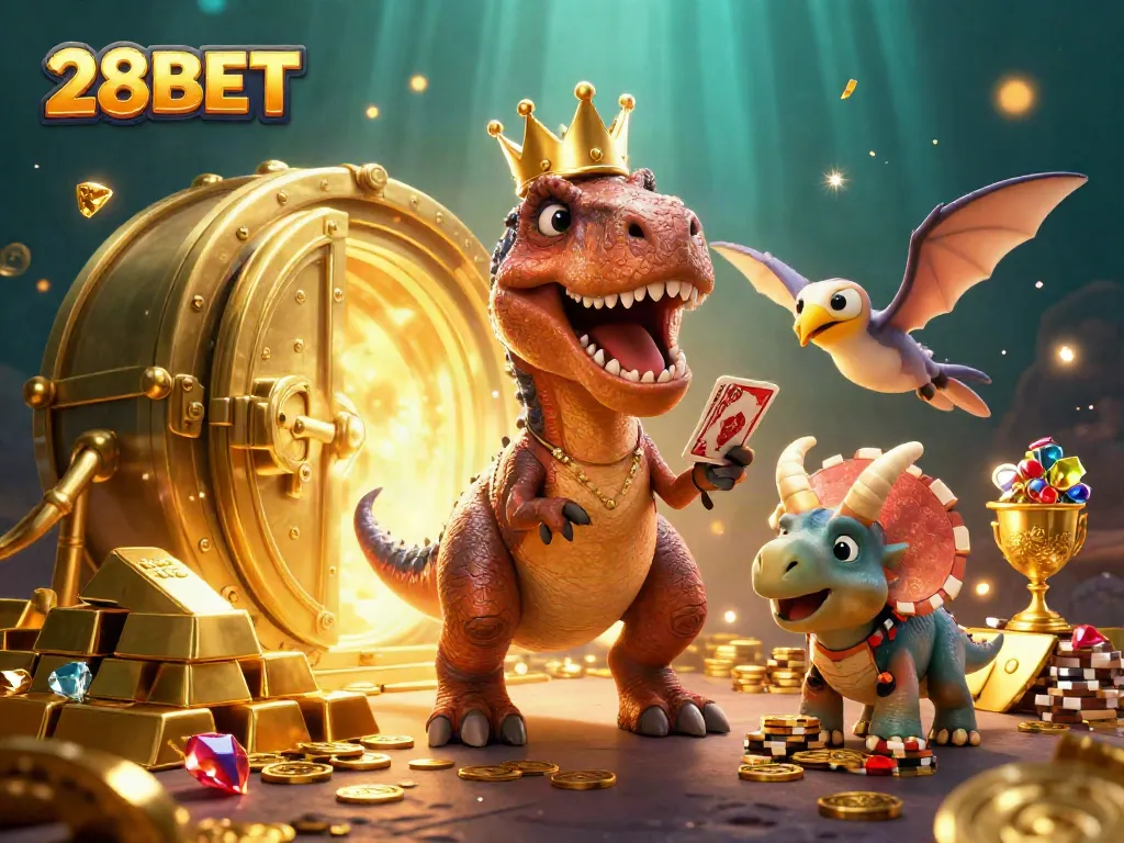 Experience exciting gameplay with 28BET as a T-Rex plays cards surrounded by treasures and glimmering gems.