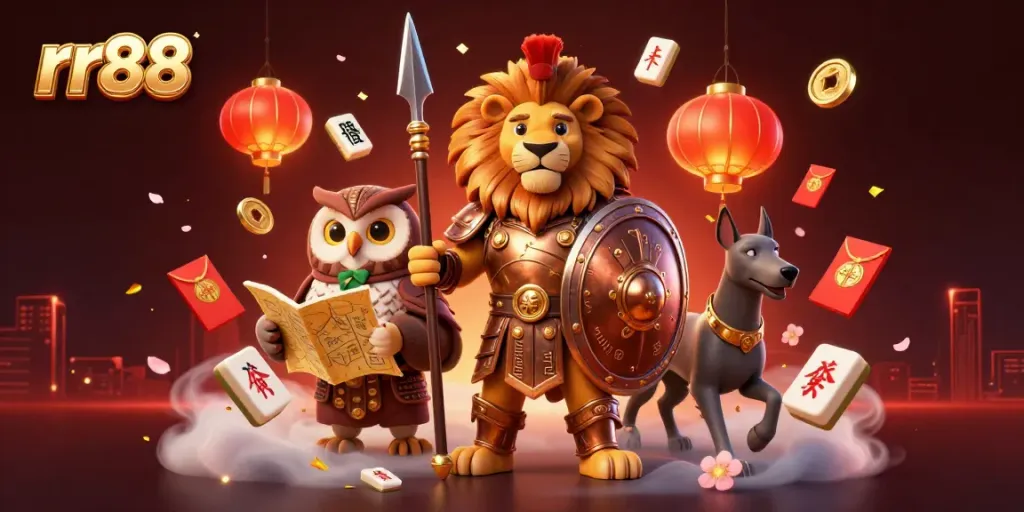 Engage with the exciting rr88 casino world featuring a Spartan lion and gaming elements in an electrifying atmosphere.