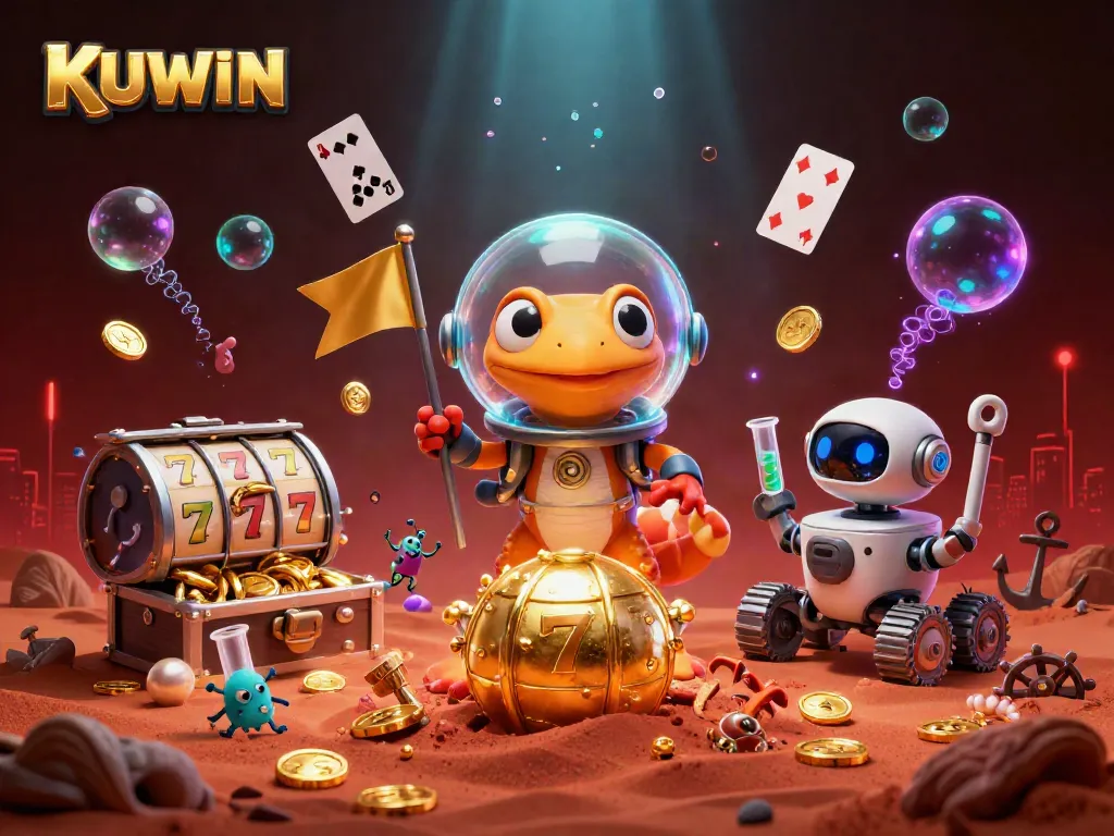 Play exciting casino games with KUWIN's vibrant 3D illustration featuring a Martian gecko discovering a hidden golden casino.