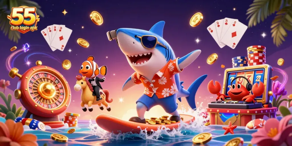 Experience thrilling action with 55 club login apk showcasing vibrant casino elements and characters.
