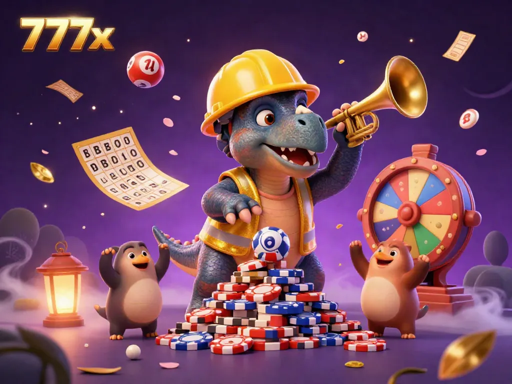 Celebrate winning opportunities at 777x with a vibrant casino-themed illustration featuring fun characters and lottery elements.