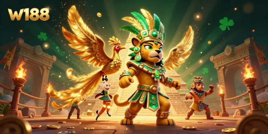 Experience the vibrant casino action at w188 with this dynamic 3D illustration featuring Mayan elements and exciting game symbols.