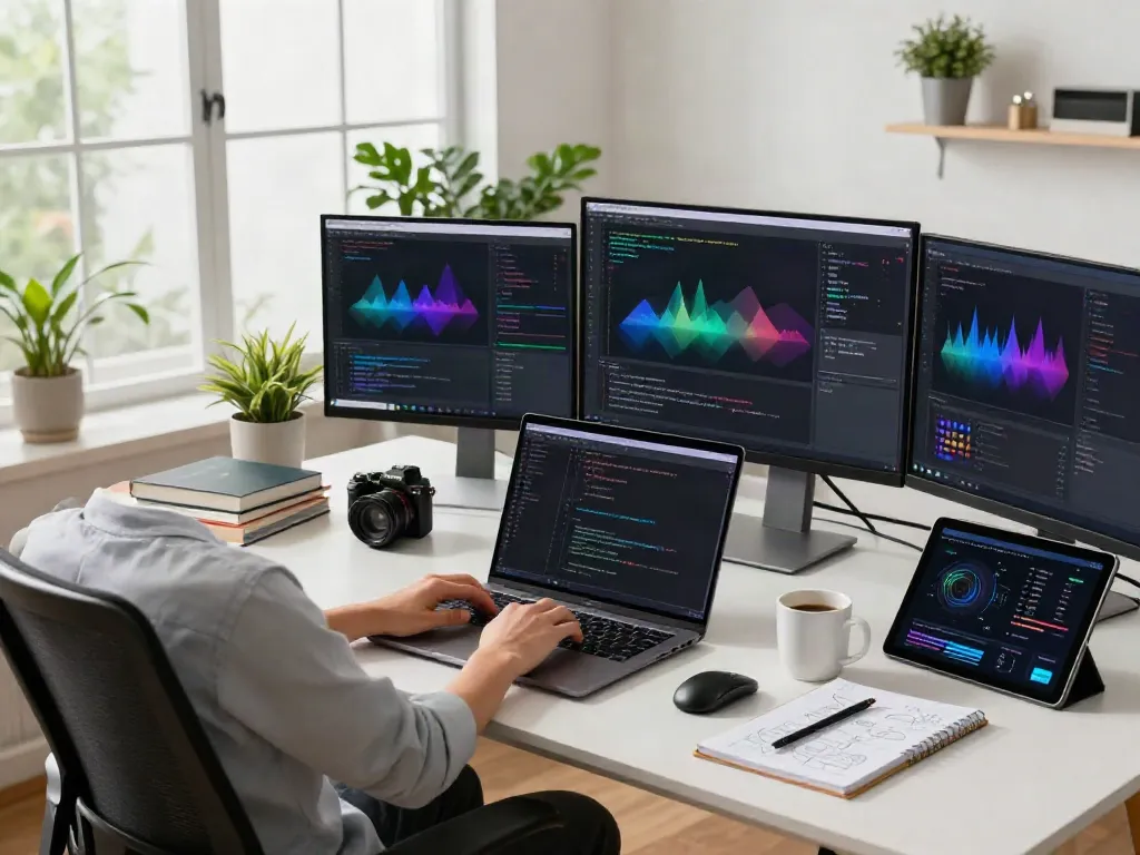 Developer showcasing instant indexing tools in a modern workspace with coding equipment and analytics.