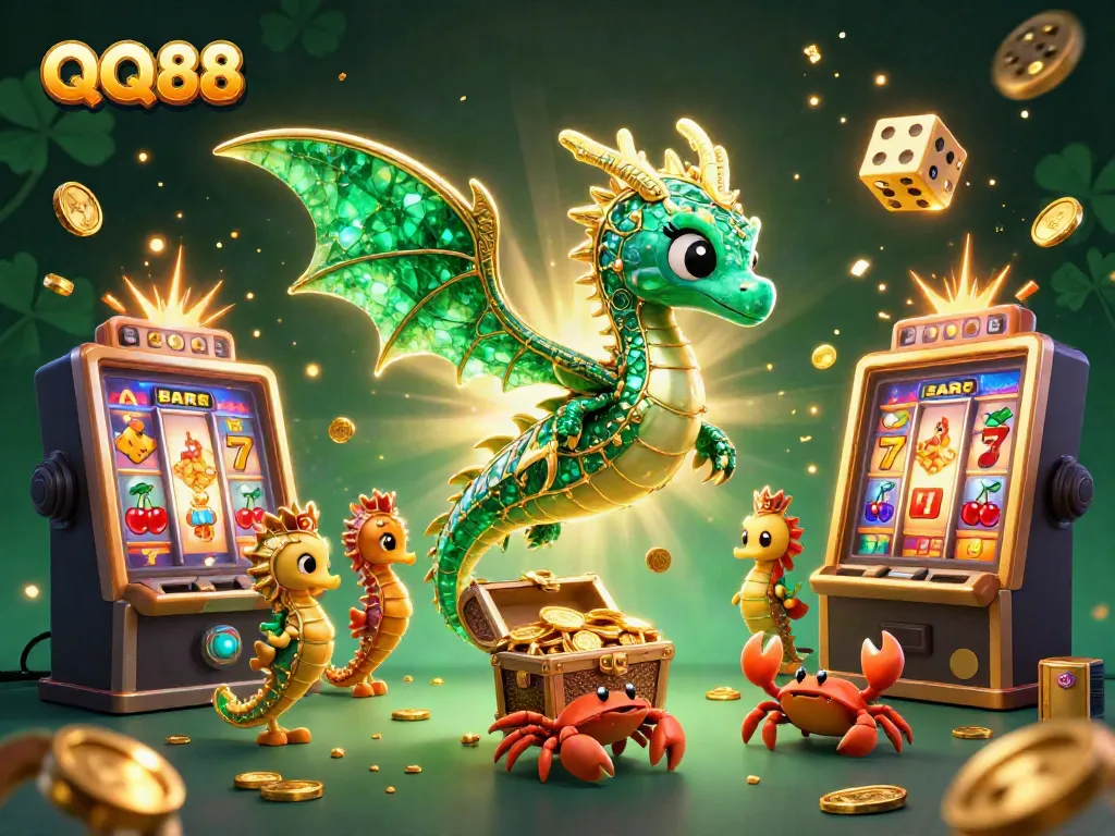 Experience the thrilling world of QQ88 with a vivid 3D illustration of a sea dragon amidst casino games.