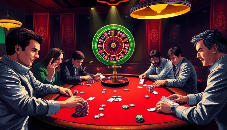 Experience the thrill of game bài đổi thưởng at lively casino tables featuring players betting and competing.