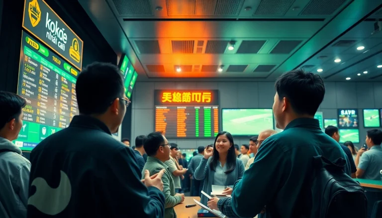 Engage with kèo nhà cái 5 at a lively sports betting terminal, showcasing diverse bettors in action.
