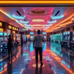 Experience New Technology in a futuristic casino with AR games and holographic displays.