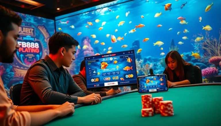 Bắn Cá FB88: Players engaged in thrilling online fish shooting game with vibrant graphics and exciting rewards.