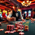 Engage in thrilling blackjack at bj88b.com’s luxurious casino setting, featuring vibrant chips and a skilled dealer.