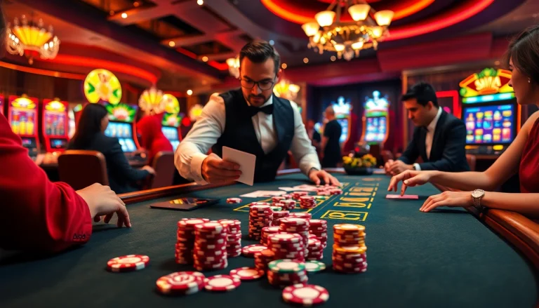 Engage in thrilling blackjack at bj88b.com’s luxurious casino setting, featuring vibrant chips and a skilled dealer.