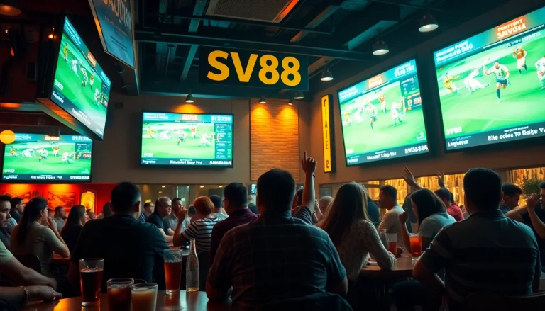 Excited patrons enjoy sports betting at SV88, highlighting an energetic atmosphere.
