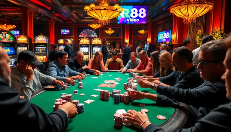 Players strategizing at a poker table with chips and cards at https://rr888.video/ showcasing the excitement of casino action.