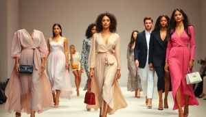 Women fashion models showcasing diverse, stylish outfits in a dynamic runway scene.