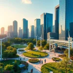 A futuristic cityscape depicting New Technology with lush green parks and advanced architecture.