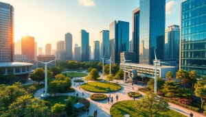 A futuristic cityscape depicting New Technology with lush green parks and advanced architecture.