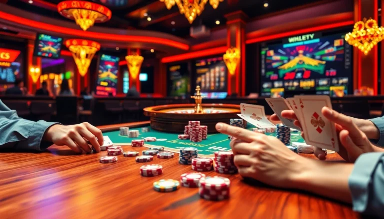 Experience thrilling gambling at https://bancaonline88.com/ featuring poker chips and a bustling casino atmosphere.