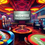 Exciting casino scene showcasing https://sbobet102.com/ with players enjoying roulette and poker, conveying thrill.