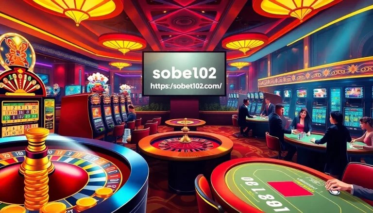 Exciting casino scene showcasing https://sbobet102.com/ with players enjoying roulette and poker, conveying thrill.