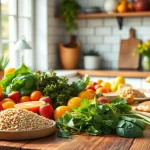 Enjoy a beautiful arrangement of healthy food featuring colorful fruits, greens, and wholesome grains.