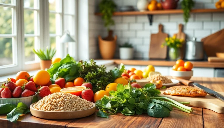Enjoy a beautiful arrangement of healthy food featuring colorful fruits, greens, and wholesome grains.