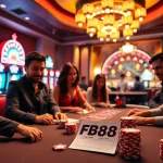 Experience the thrill of casino gaming at FB88 with vibrant poker tables and colorful slot machines.