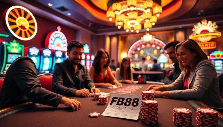 Experience the thrill of casino gaming at FB88 with vibrant poker tables and colorful slot machines.