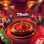 Enjoy an exhilarating game at 78win's casino, featuring dynamic players at poker and blackjack tables amidst glowing slot machines.