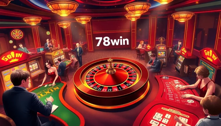 Enjoy an exhilarating game at 78win's casino, featuring dynamic players at poker and blackjack tables amidst glowing slot machines.