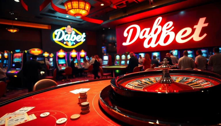 Dabet electrifies the casino experience with slot machines, poker chips, and vibrant gaming action.