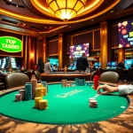 Exciting scene at a casino where players engage with "Top nhà cái uy tín" poker, showcasing vibrant chips and roulette.