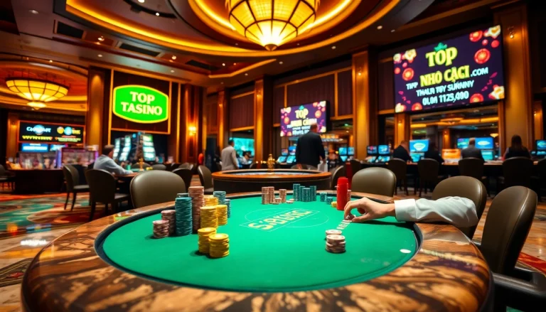 Exciting scene at a casino where players engage with "Top nhà cái uy tín" poker, showcasing vibrant chips and roulette.